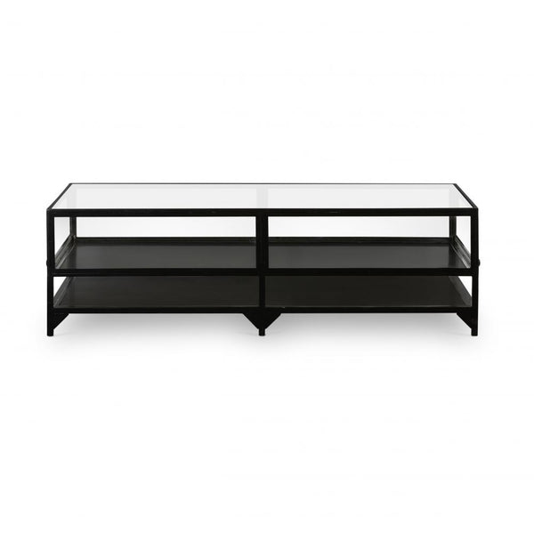 Three Tier Rectangle Shadow Box Coffee Table Glass Top Black Iron Base 54 inch