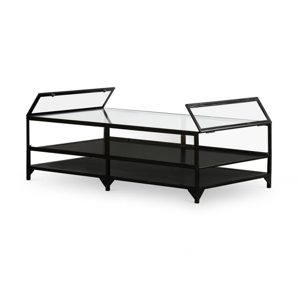 Three Tier Rectangle Shadow Box Coffee Table Glass Top Black Iron Base 54 inch