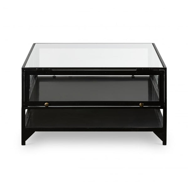 Three Tier Rectangle Shadow Box Coffee Table Glass Top Black Iron Base 54 inch