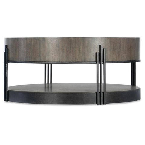 Transitional Two Tier Round Coffee Table Acacia Veneer & Bronze Metal 41 inch