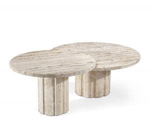 Travertine Stone Round Pedestal Base Coffee Table Nesting Set