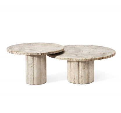 Travertine Stone Round Pedestal Base Coffee Table Nesting Set