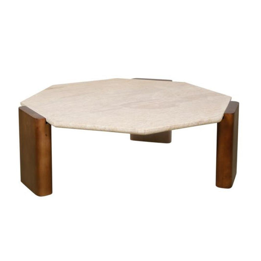 Travertine Stone Top & Walnut Wood Legs Octagonal Low Profile Coffee Table 40 inch