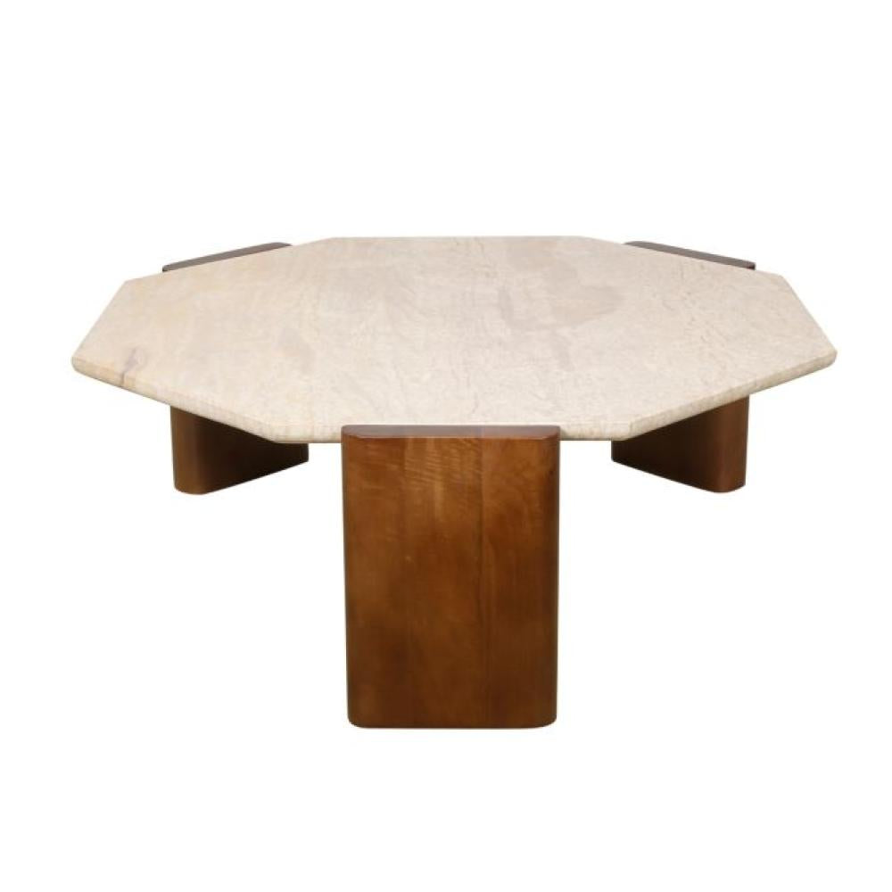 Travertine Stone Top & Walnut Wood Legs Octagonal Low Profile Coffee Table 40 inch