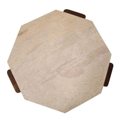 Travertine Stone Top & Walnut Wood Legs Octagonal Low Profile Coffee Table 40 inch