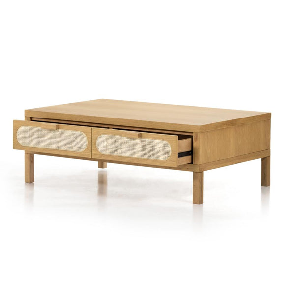 Two Drawer Cane & Oak Wood Rectangle Coffee Table Honey Finish 46 inch