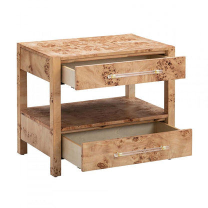 Two Drawer Natural Burl Wood Nightstand 26 inch