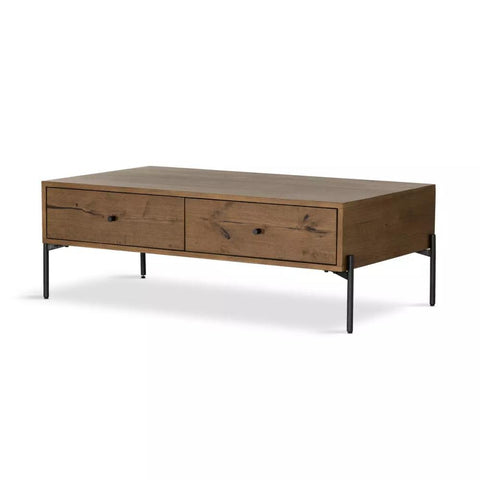Two Drawer Oak Wood Rectangle Coffee Table Amber Finish Gunmetal Base 47 inch