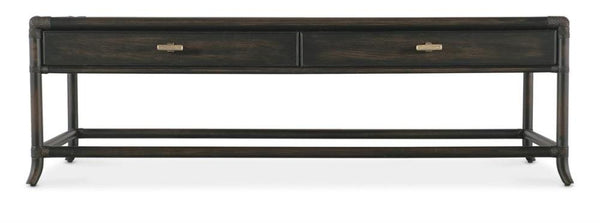 Two Drawer Rattan Wrapped Oak & Maple Wood Rectangle Coffee Black Finish Table 59 inch