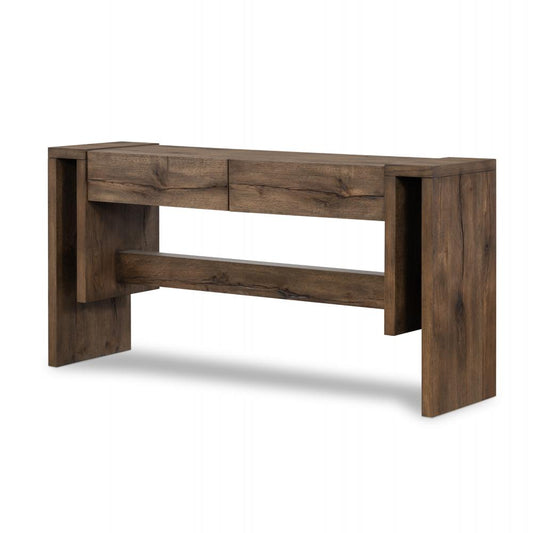 Two Drawer Rustic Brown Beam Console Table Oak Wood 63 inch