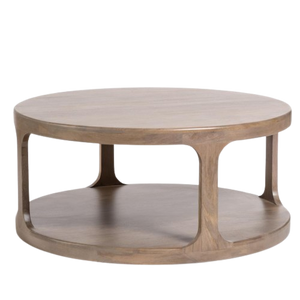 Two Tier Open Base Round Coffee Table Mango Wood Misted Ash Finish 40 inch