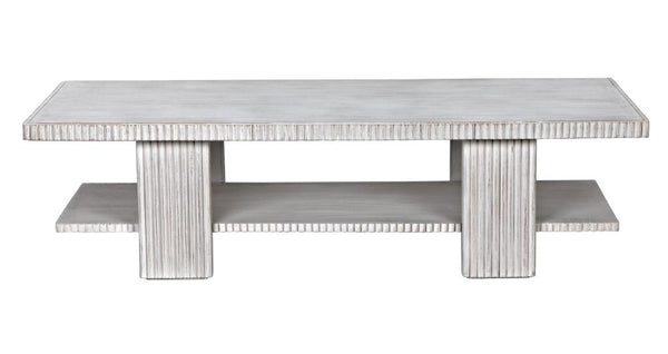 Two Tier Reeded White Wash Mahogany Wood Rectangle Coffee Table 68 inch