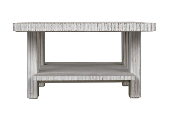 Two Tier Reeded White Wash Mahogany Wood Rectangle Coffee Table 68 inch