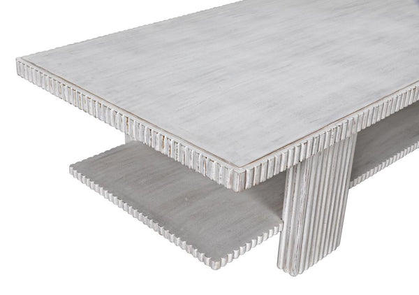 Two Tier Reeded White Wash Mahogany Wood Rectangle Coffee Table 68 inch