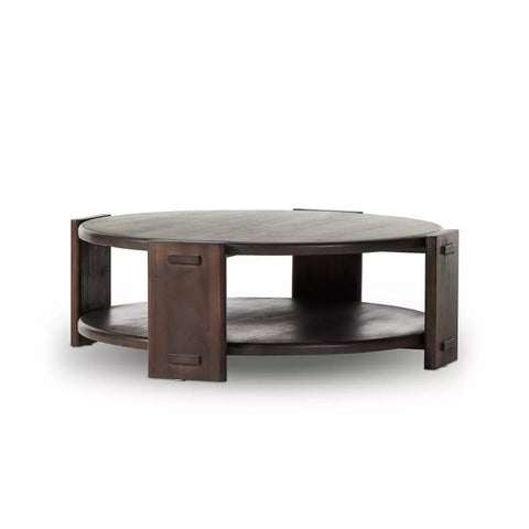 Two Tier Round Coffee Table Solid Neem Wood Dark Brown Finish 51 inch