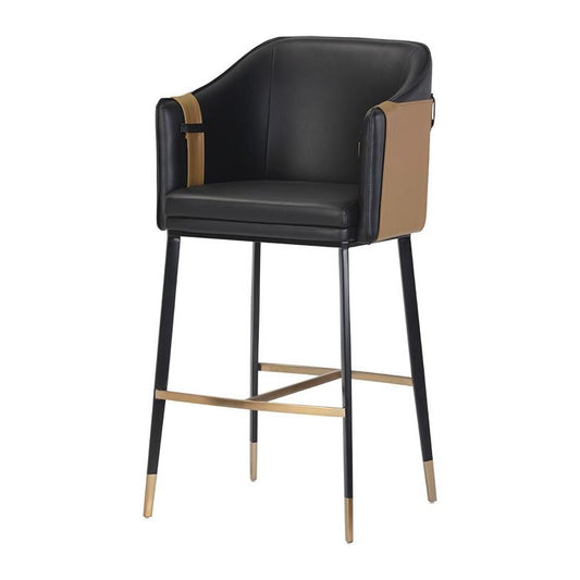 Two Tone Black & Cognac Brown Faux Leather Barrel Back Bar Stool