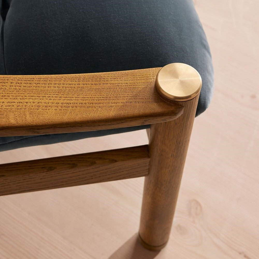 Vintage 1960's Style Blue Grey Velvet & Oak Wood Frame Accent Chair