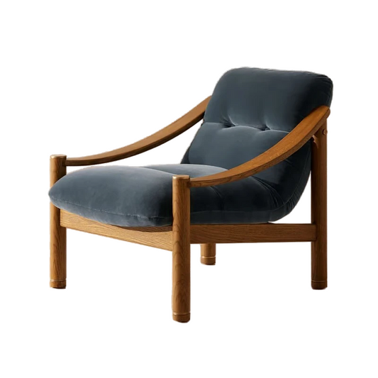 Vintage 1960's Style Blue Grey Velvet & Oak Wood Frame Accent Chair