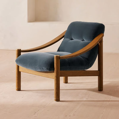 Vintage 1960's Style Blue Grey Velvet & Oak Wood Frame Accent Chair