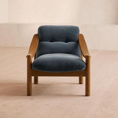 Vintage 1960's Style Blue Grey Velvet & Oak Wood Frame Accent Chair
