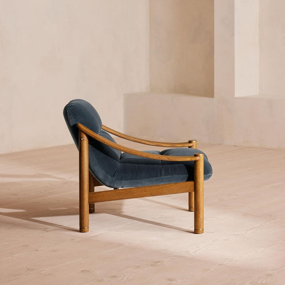 Vintage 1960's Style Blue Grey Velvet & Oak Wood Frame Accent Chair