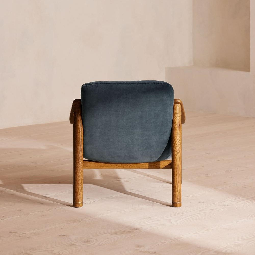 Vintage 1960's Style Blue Grey Velvet & Oak Wood Frame Accent Chair