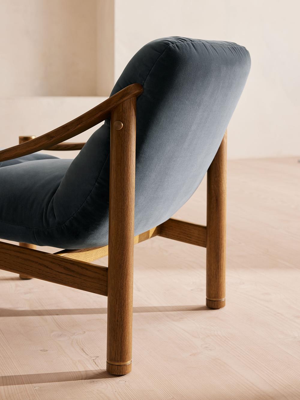 Vintage 1960's Style Blue Grey Velvet & Oak Wood Frame Accent Chair