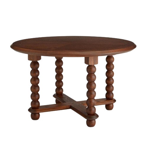 Vintage Inspired Carved Ball Spool Leg Round Dining Table Warm Brown Solid Oak 51 inch
