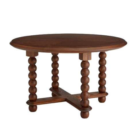 Vintage Inspired Carved Ball Spool Leg Round Dining Table Warm Brown Solid Oak 51 inch