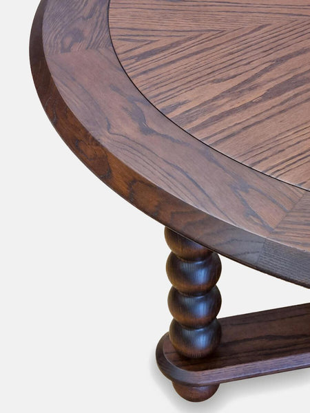 Vintage Inspired Carved Ball Spool Leg Round Dining Table Warm Brown Solid Oak 51"