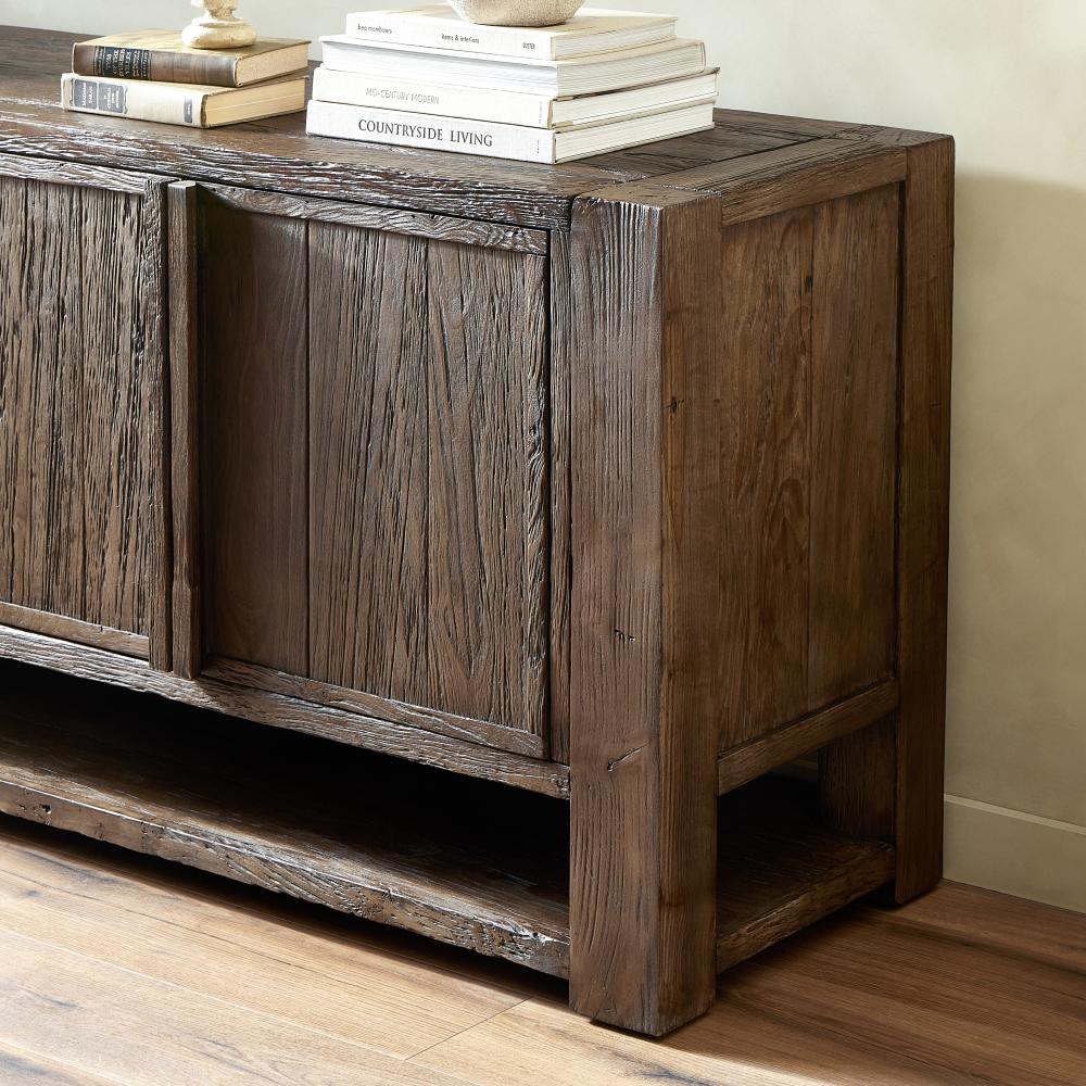 Wabi Sabi Style Smoked Dark Brown Alder Wood Media Console Sideboard Storage Cabinet 94 inch