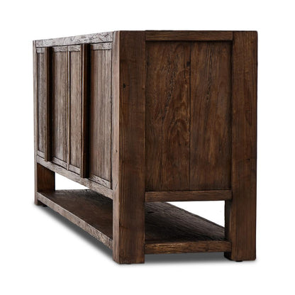 Wabi Sabi Style Smoked Dark Brown Alder Wood Media Console Sideboard Storage Cabinet 94 inch