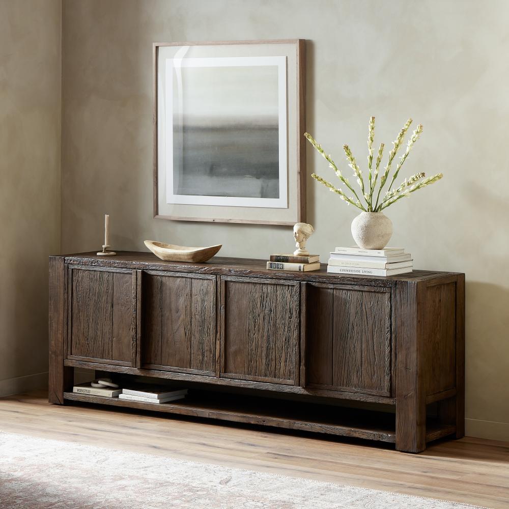 Wabi Sabi Style Smoked Dark Brown Alder Wood Media Console Sideboard Storage Cabinet 94 inch