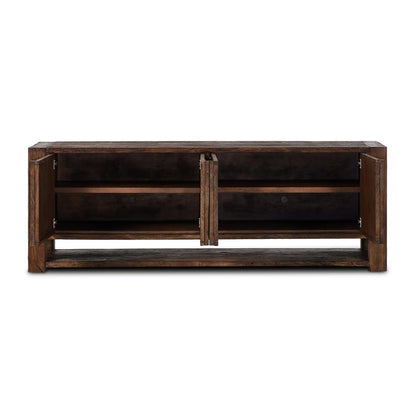 Wabi Sabi Style Smoked Dark Brown Alder Wood Media Console Sideboard Storage Cabinet 94 inch