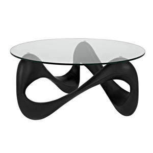 Wave Round Coffee Table Matte Black Resin Cement with Glass Top 35 inch