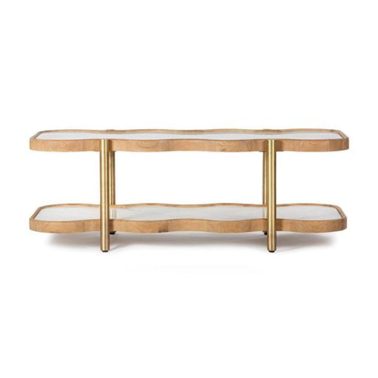 Wavy Edge Coffee Table Solid FSC Certified Oak White Marble & Brass Legs 52 inch