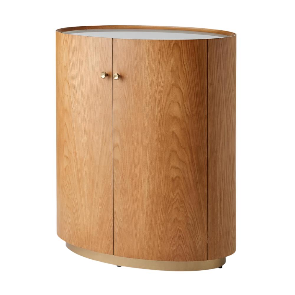White Carrara Marble & Solid Oak Wood Curved Compact Bar Cabinet 31 in ...