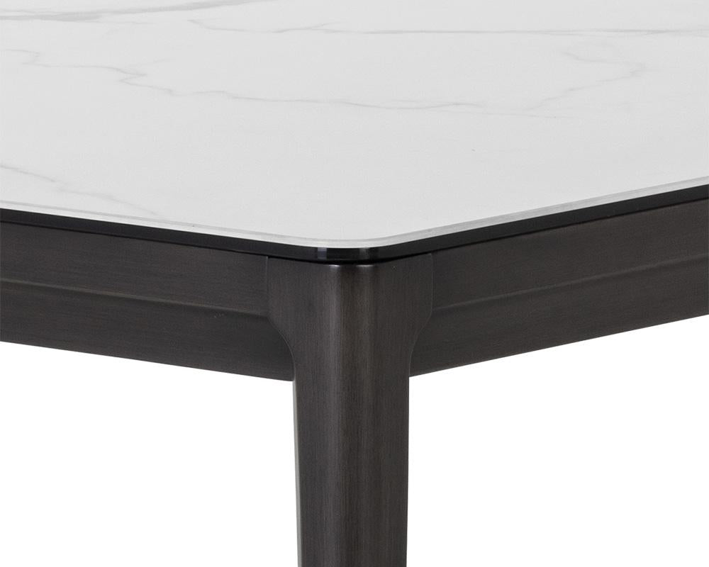 White Ceramic Marble Look Top Rectangle Dining Table Brown Wood Base 79 inch