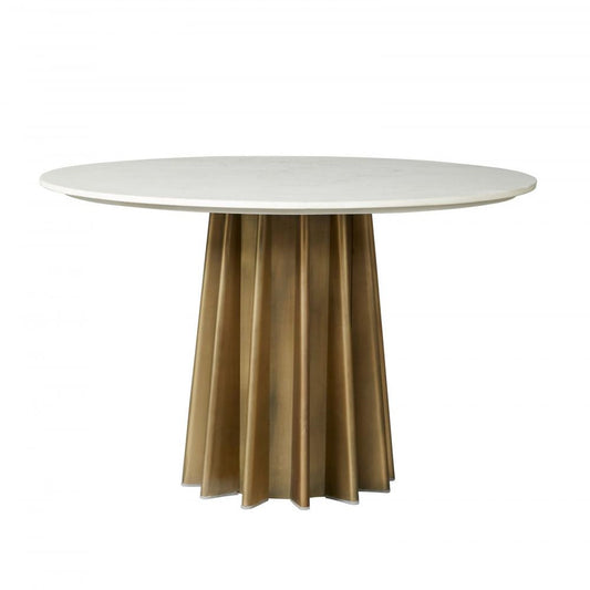 White Marble & Channel Fluted Brass Finish Base Round Dining Table 47 inch