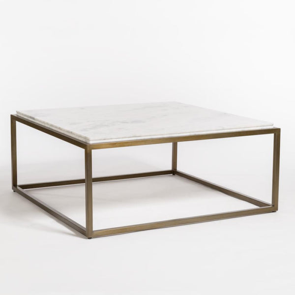 White Marble & Metal Square Coffee Table Antique Brass Base 42 inch