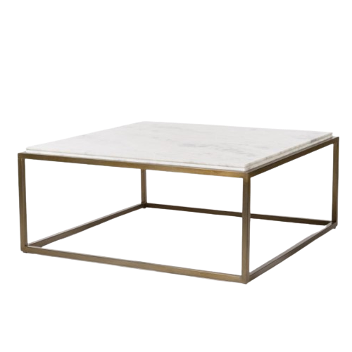 White Marble & Metal Square Coffee Table Antique Brass Base 42 inch