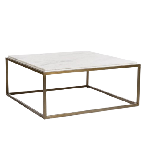 White Marble & Metal Square Coffee Table Antique Brass Base 42 inch