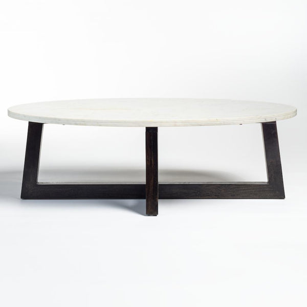 White Marble Oval Coffee Table Mango Wood Base Charcoal Finish 54 inch