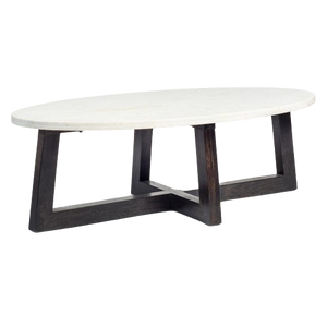 White Marble Oval Coffee Table Mango Wood Base Charcoal Finish 54 inch