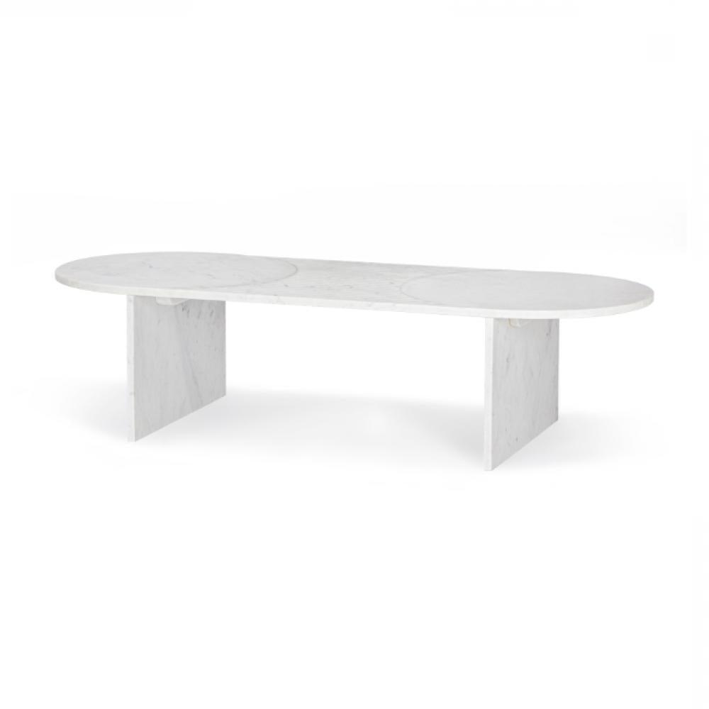 White Marble Oval Coffee Table Reeded Top 60 inch