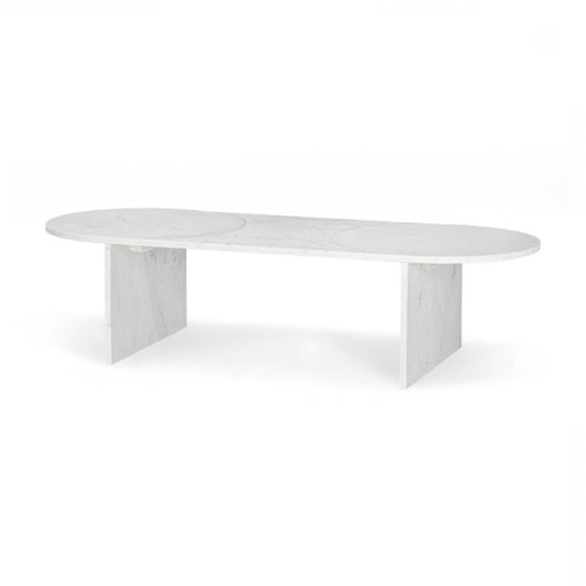 White Marble Oval Coffee Table Reeded Top 60 inch