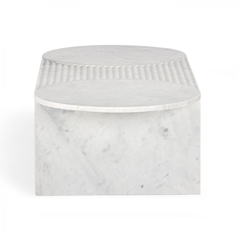 White Marble Oval Coffee Table Reeded Top 60 inch