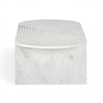 White Marble Oval Coffee Table Reeded Top 60 inch