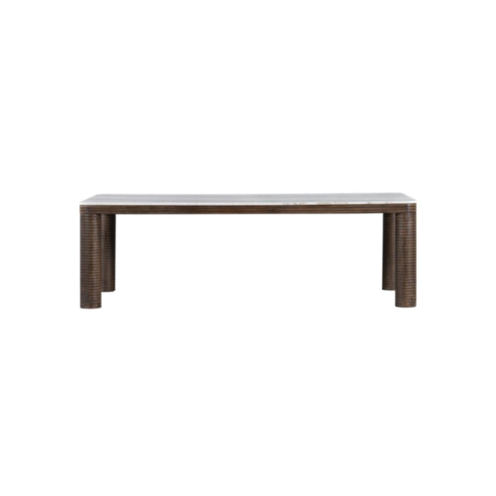 White Marble Top Rectangle Dining Table with Carved Brown Oak Wood Rou ...