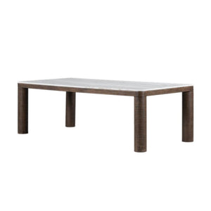 White Marble Top Rectangle Dining Table with Carved Brown Oak Wood Round Legs 95 inch